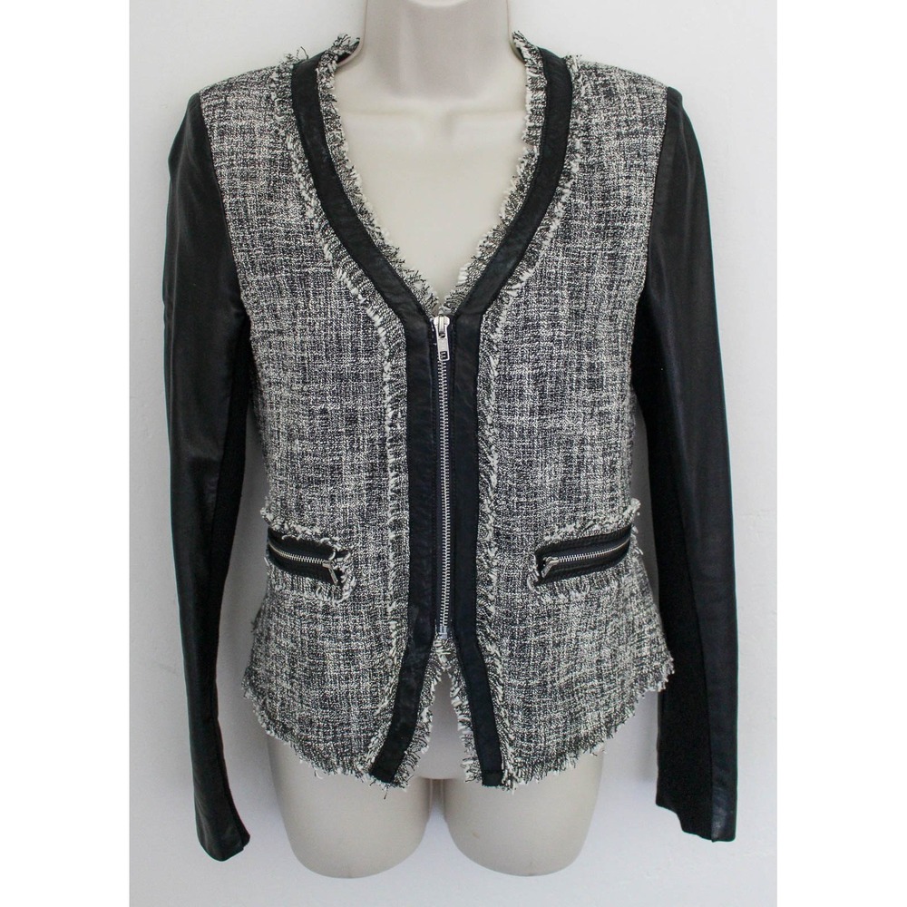 Rebecca‎ Taylor Tweed Jacket Womens 4 Black Lamb Leather Trim Full Zip Fitted